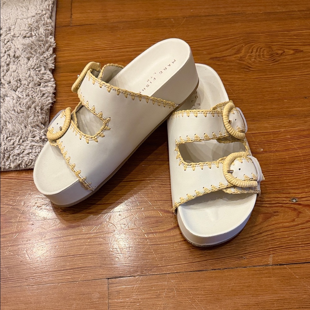 Marc Fisher Cream Slide Sandals with Buckle Accents